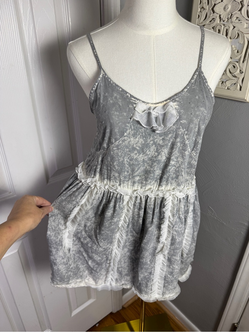 Boho Festival Tunic Tank Top Gray Ruffle Babydoll Flowy Bohemian Large